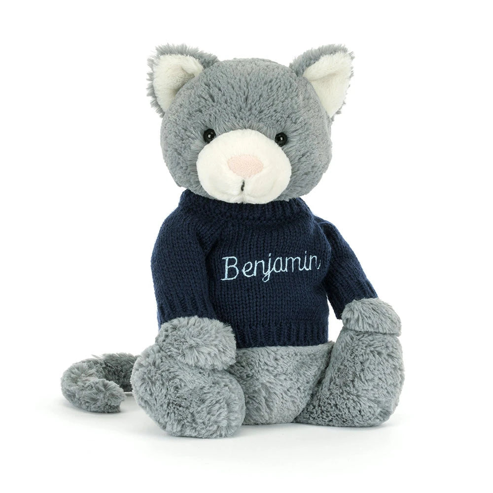 Bashful Kitten With Personalized Navy Jumper - US 8006